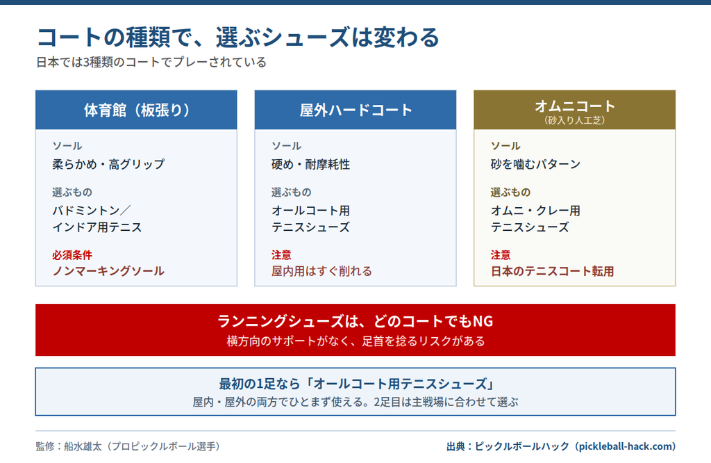 ピックルボールのコート種類別シューズ選びの早見表